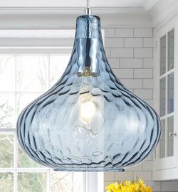 11 Inch Blue Hammered Glass Pendant Light Brushed Nickel Ceiling Lamp Adjustable hanging cord, warm soft diffused light, decor for dining space, kitch