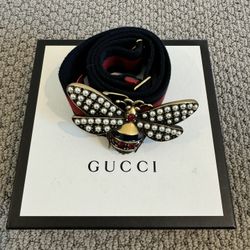 Gucci Black and Red Bee Embellished Belt