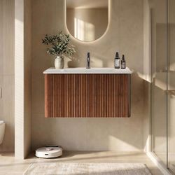Pre-Assembled 30" Floating Bathroom Vanity with Sink Walnut Fluted
Modern Wall-Mounted Bathroom Cabinet with Top, Push Open Soft-Close Drawer, Spaciou
