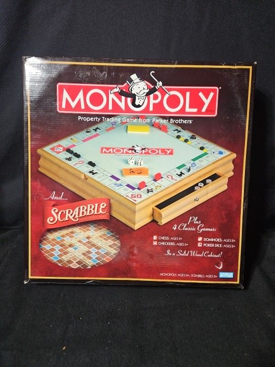 Monopoly Scrabble +4 Classic Games Solid Wood Cabinet (contact info removed)