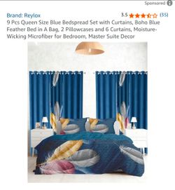 9 Pcs Queen Size Blue Bedspread Set with Curtains, Boho Blue Feather Bed in A Bag, 2 Pillowcases
