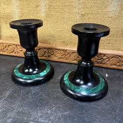Pair Antique Russian Imperial Black Marble & Malachite Candleholders Candelabra