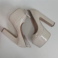 Steve Madden Nude Patent Platform Block Heels Ankle Strap 7.5M  near Clayton / CRAIG