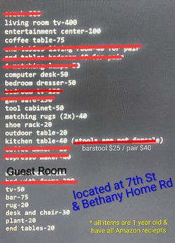 Furniture, dresser, TV, table, barstools, rug, decor