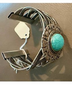 Vintage Large Silver Tone Faux Turquoise Cuff Bracelet