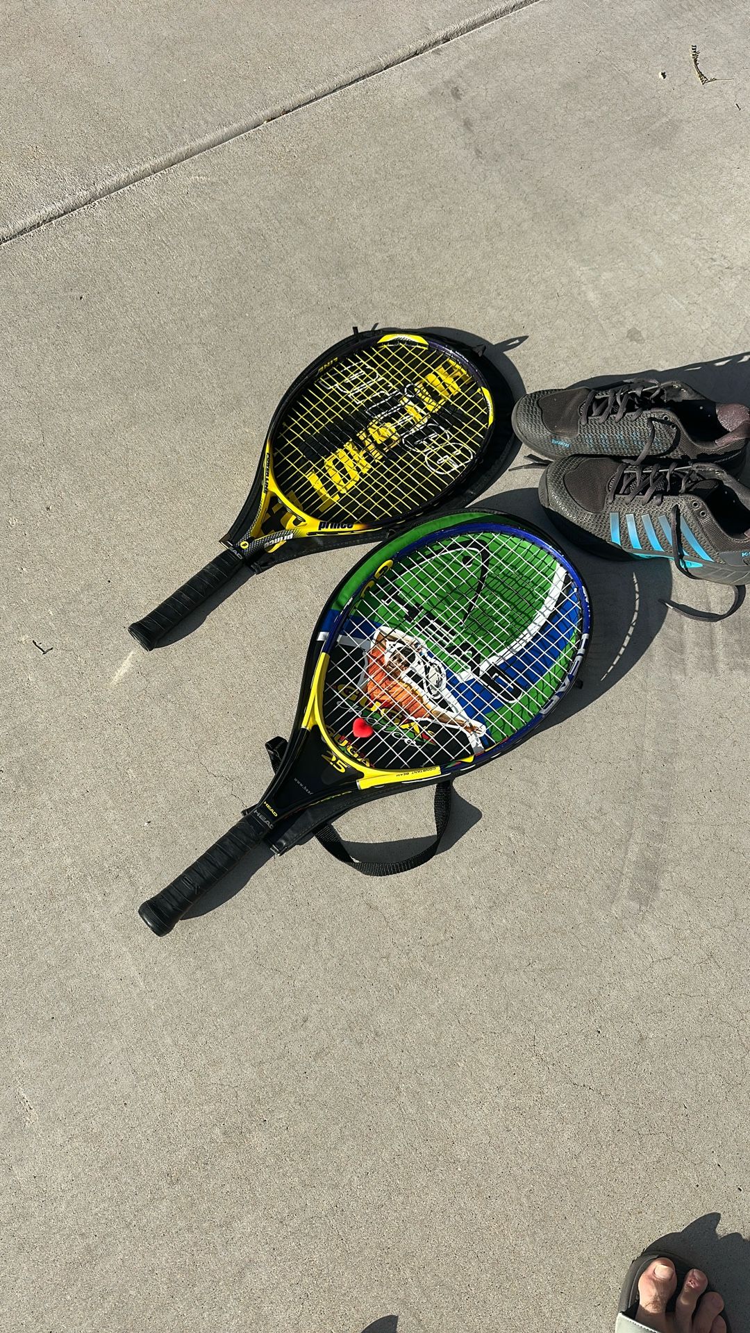 Two Kids Tennis Rackets One Prince One Head In Very Good Condition. Includes Adidas Tennis Shoes, Size 10.