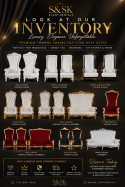 Throne chairs and love seats sale, various colors