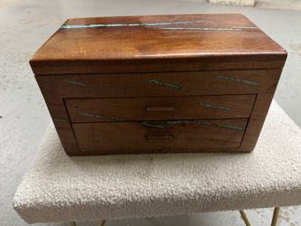 Handcrafted Wooden Jewelry Box with Turquoise Inlay, Mirror & Drawers