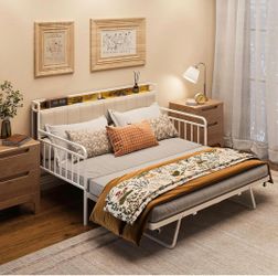 Daybed with Trundle, Twin Bed Frame with Upholstered Headboard and Charging Station, Sturdy Metal Sofa Bed with Steel Slat Support for Living Room, Be