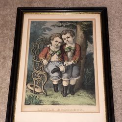 Currier & Ives Original Hand Colored Lithograph Print Little Brothers 1875 & Framed