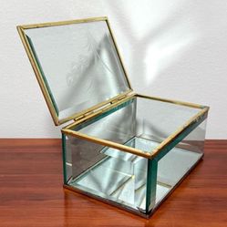 Vintage Mid Century Crystal Beveled Glass And Brass Mirrored Etched Trinket Keepsake Jewelry Box
