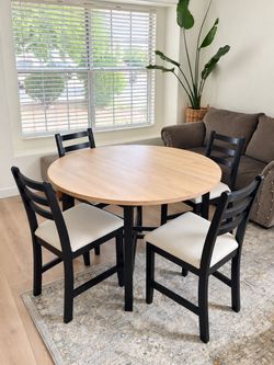 IKEA Round Dining Table + 4 Chairs – Black & Natural Wood