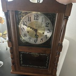 Vintage Ansonia Wall Gold Medallion Clock Wood Bevel Glass Door Bras Trim Chimes