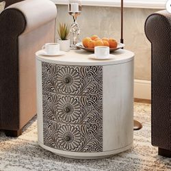 Round Light Gray 3-Drawer Nightstand,MDF Vintage Storage Cabinet for Bedroom, Living Room