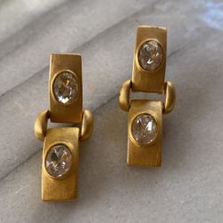 Vintage Brushed Gold Earrings With Rhinestones 