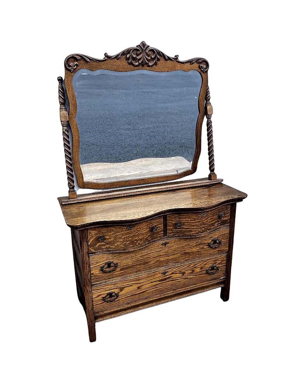 Antique Empire Style 4 Drawer Oak Dresser w/Mirror 