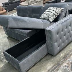 Grey Velvet Convertible Sectional Reversible Chaise With Storage Pillows Included Nailhead Trim Accent Brand New In Box Firm Price $520