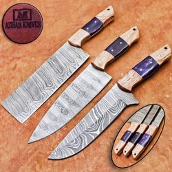3 Pcs Handmade Damascus Steel Chef Knife Set  