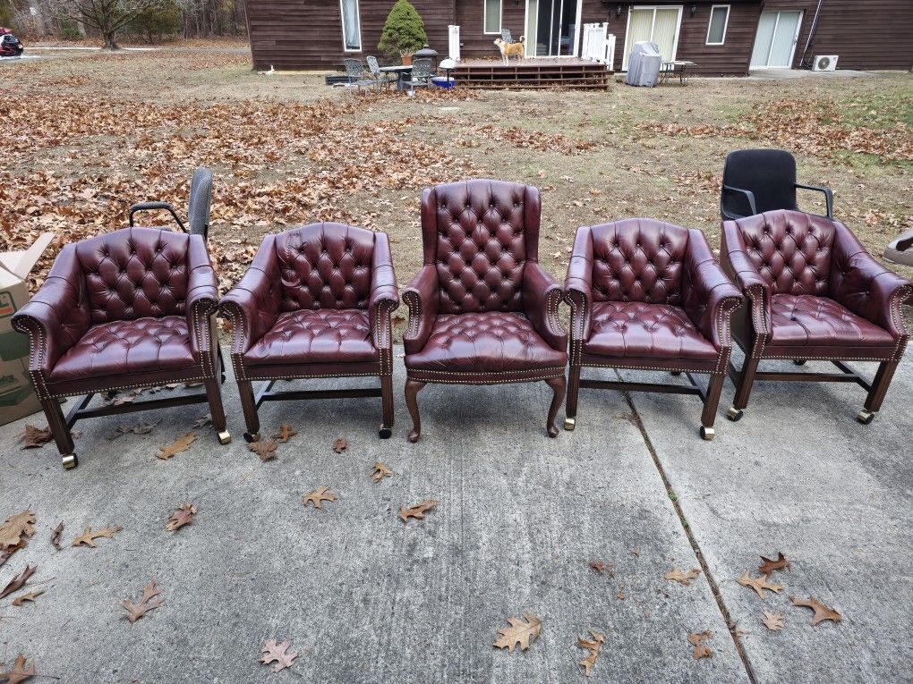 5 VINTAGE ANTIQUE OXBLOOD/RED TUFTED LEATHER LIBRARY OFFICE CHAIR SET