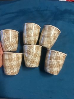 Raffia VINTAGE MCM melbac & burlap woven tumblers set of 6 insulated plastic 1960s