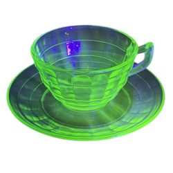 Anchor Hocking "Block Optic" Uranium Glass Tea Cup and Saucer