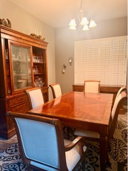 Ethan Allen Townhouse Solid Wood Dining Room Set – 6 Chairs, Buffet & China Cabinet