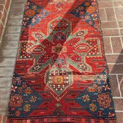  Vintage Persian Hamadan Rug Hand Knotted Wool Bold Tribal Red 1940s–60s Boho tribal Geometric 76x32” Persian 