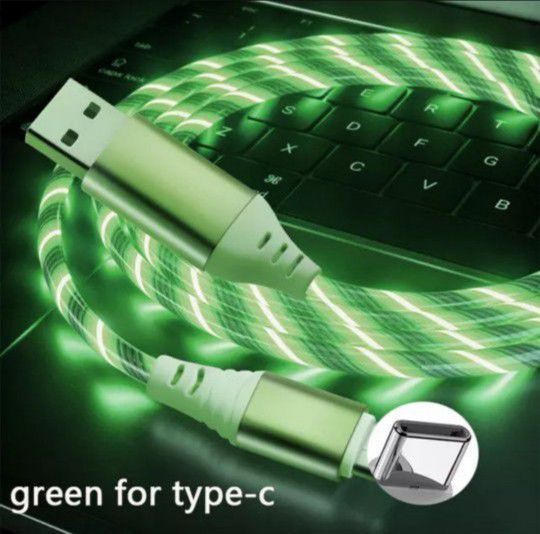 Green Glowing Non Magnetic Led Cable. Available For Iphone Ios Or Type C. 6.6ft Long.