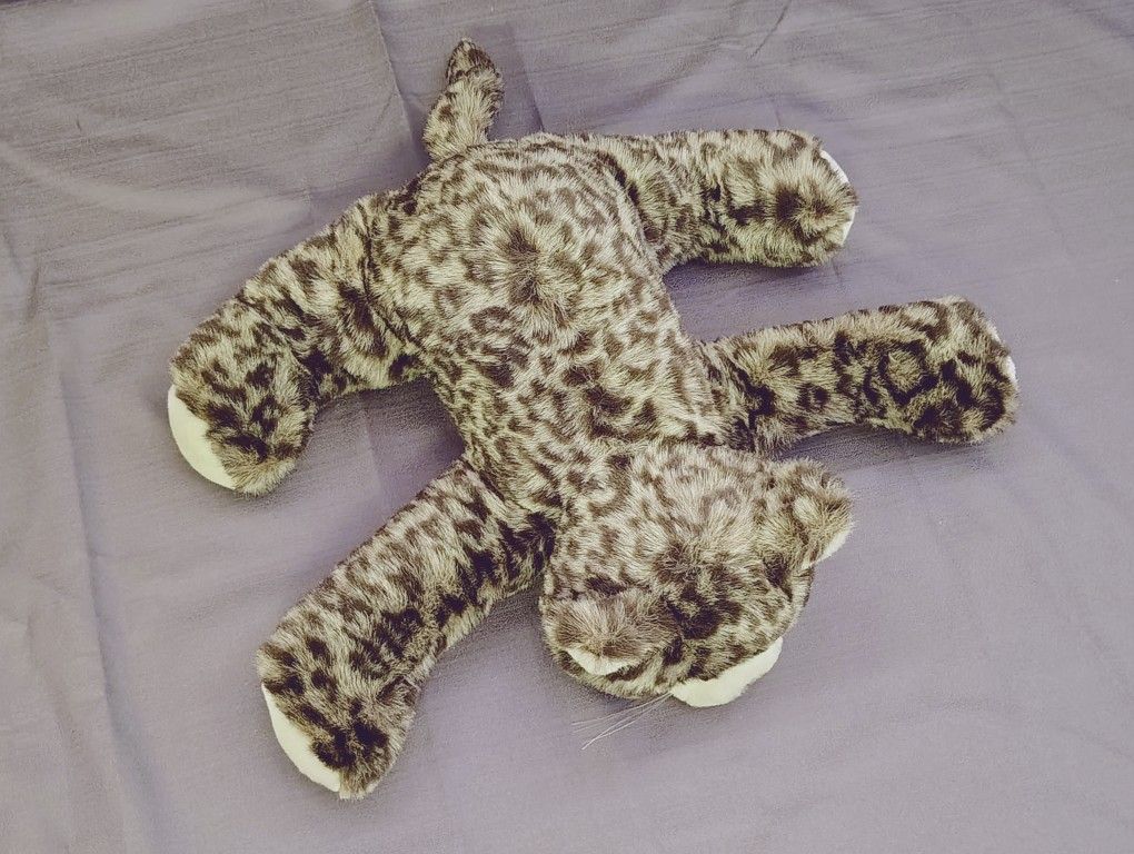Blue Eyed Grey and Black Spotted HUGFUN Laying Plush Cat Sprawled Leopard 95044