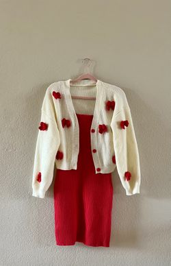 red dress with red bow cream sweater large