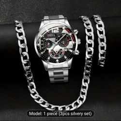 3pcs Men's fashion set: Classic business stainless steel quartz bracelet calendar, Silvery bracelet and Silvery necklace
