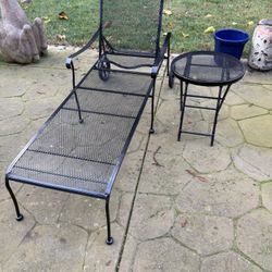 Black Wrought Iron Adjustable Chase Lounge Chair With Wheels & Folding Table Please Read The Descrip