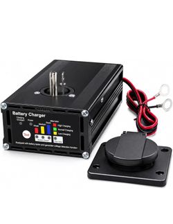10A 12V Panel Mount Trailer Battery Charger & Tester for Dump Trailers, RVs, Marine (Boats) – Smart 3-Step Charging, LED Battery & Alternator Status, 