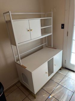 Double litter box Cabinet with overhead shelving and cabinet