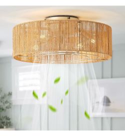 Ceiling Fans with Lights, 20" Boho Ceiling Fan with Light Flush Mount, Rattan Low rofile with 6 Speeds, Remote Control for Bedroom, Nursery, Living Ro