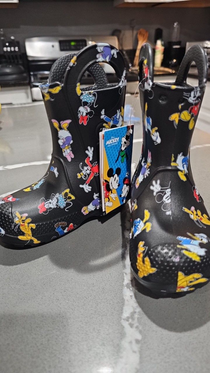 size 8c mickey mouse crocs rainboots new with tags