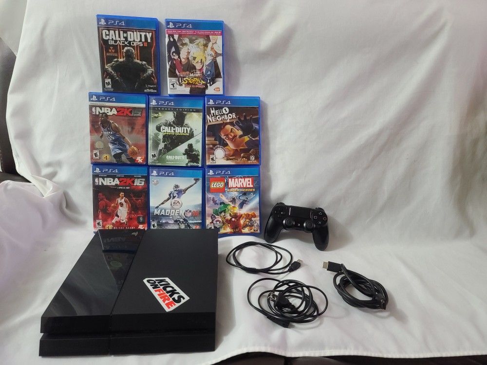 PS4 CUH 1115A w/Controller/Charger/HDMI/PS4 Plug + 8 Games (Pre Owned)