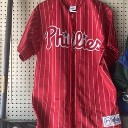 red pinstriped Phillies baseball jersey