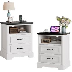 18" Farmhouse Nightstand Set of 2 with Charging Station, White End Table with 2 Drawers Storage,