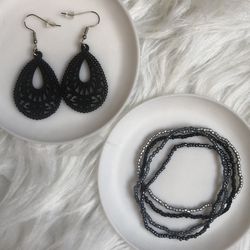 Black dangle/drop earrings and 4 bead bracelets