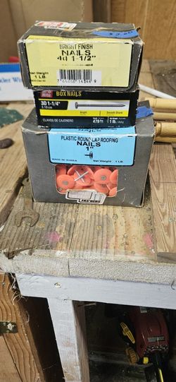 Includes bright finish nails, box nails, and plastic round cap roofing nails. All for $5.00
