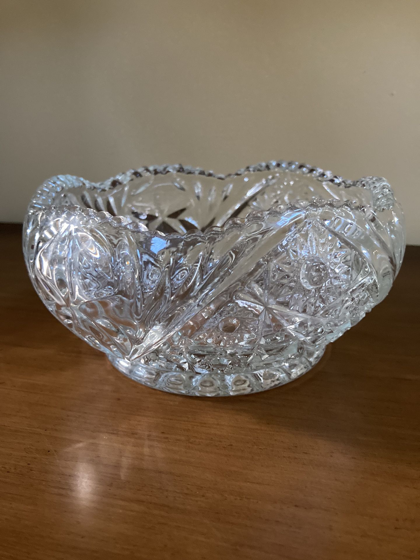 Vintage Heavy Cut Glass Bowl, Scalloped Sawtooth Rim