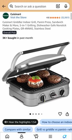 Cuisinart Griddler Indoor Grill, Panini Press, Waffle Maker, & More, 5-in-1 Grilling, Dishwasher-Safe Nonstick Cooking Plates, Stainless Steel