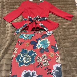 Two Piece Set of Pencil Skirt and Blouse Red Color Sz S/M