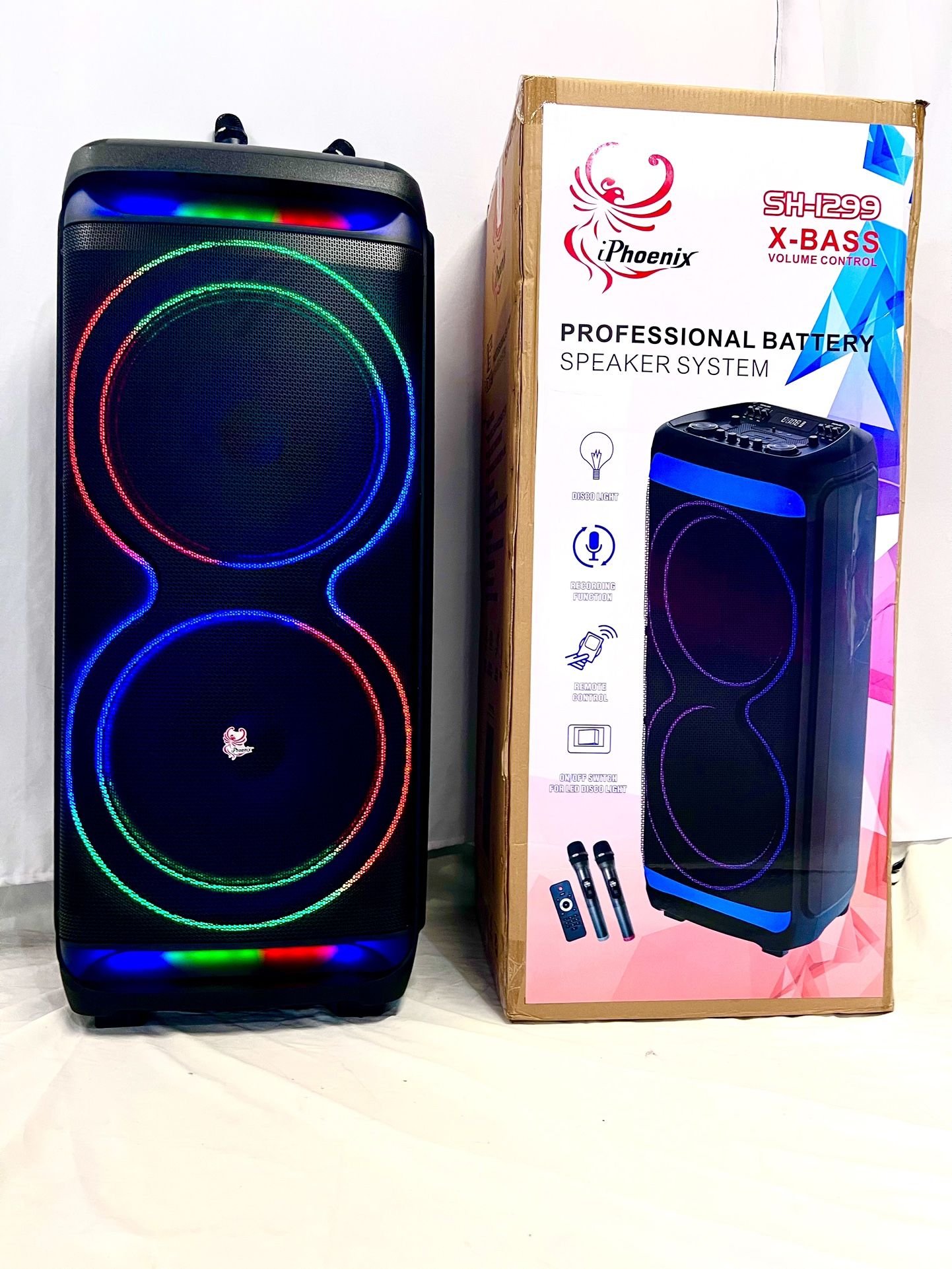 Large Party Box Portable Speaker with LED Flame Lights , Wireless MIC Bocina Inalámbrica Bluetooth