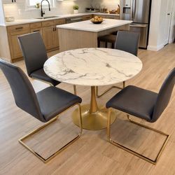 Modern Marble Dining Table with 4 Grey & Gold Chairs