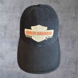 Vintage Harley Davidson Hat Corduroy Leather Strapback Cap Black Biker Y2K Mens