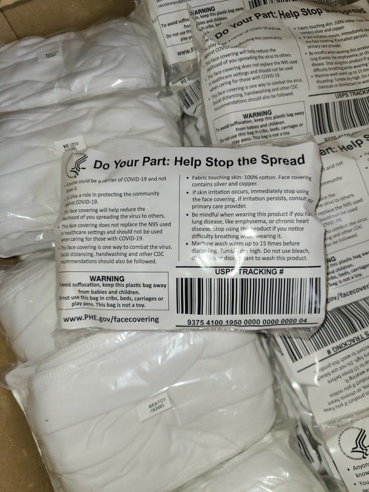 44 Face Covering packets Each Containing 5 Masks 100% Cotton