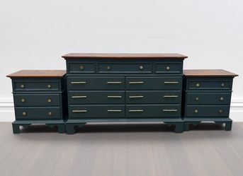 Refinished 3-Piece Bedroom Set | Dresser + 2 Nightstands | Dark Evergreen + Natural Wood