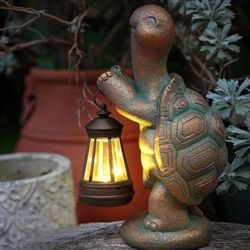 Turtle Solar Powered Outdoor Garden Statue, Resin Statue with Solar Light